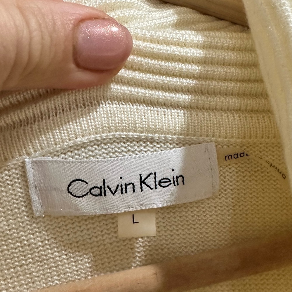 CALVIN KLEIN Knit Cowl Neck Sweater color block ribbed black white loose Sz L - Picture 3 of 4